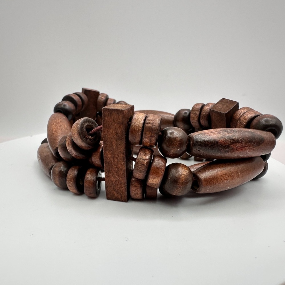 Vintage 90s Brown Three Row Wood Bead Stretch Cord Bracelet Jewelry Statement